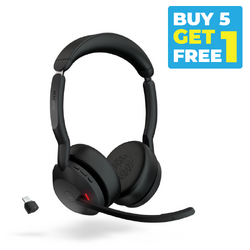 Buy 5 Get 1 Free - Jabra Wireless Evolve2 55 Headset - Stereo - MS Certified - Bluetooth - Active Noise Cancelling + Link 390C - USB C
