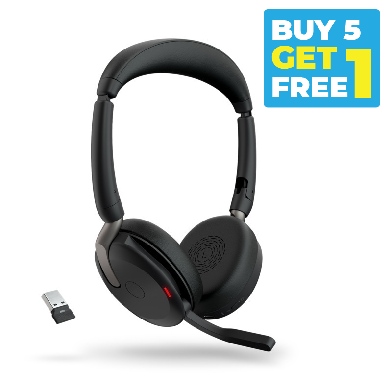 Buy 5 Get 1 Free - Jabra Evolve2 65 Flex Wireless Headset - Stereo - UC Certified - Bluetooth + Link 390C - USB A