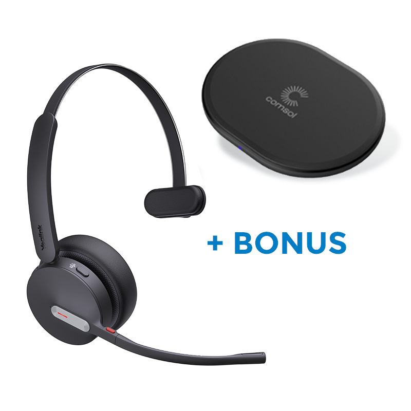 BONUS BLACK COMSOL QI CHARGER W/YEALINK (BH70) MS WIRELESS MONO BT HEADSET, C-A ADAPTER