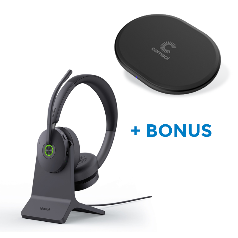 BONUS BLACK COMSOL QI CHARGER W/YEALINK (BH74) UC WIRELESS STEREO HEADSET, CHARGE STAND
