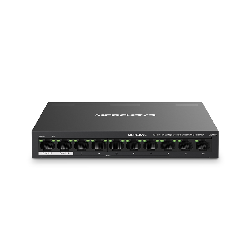 TP-LINK MERCUSYS 10-PORT DESKTOP SWITCH, GbE(2), LAN(8), POE+(8), 115W, METAL CASE, 5YR
