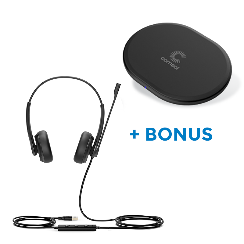 BONUS BLACK COMSOL QI CHARGER W/YEALINK (UH34) MS WIRED STEREO HEADSET, USB-A