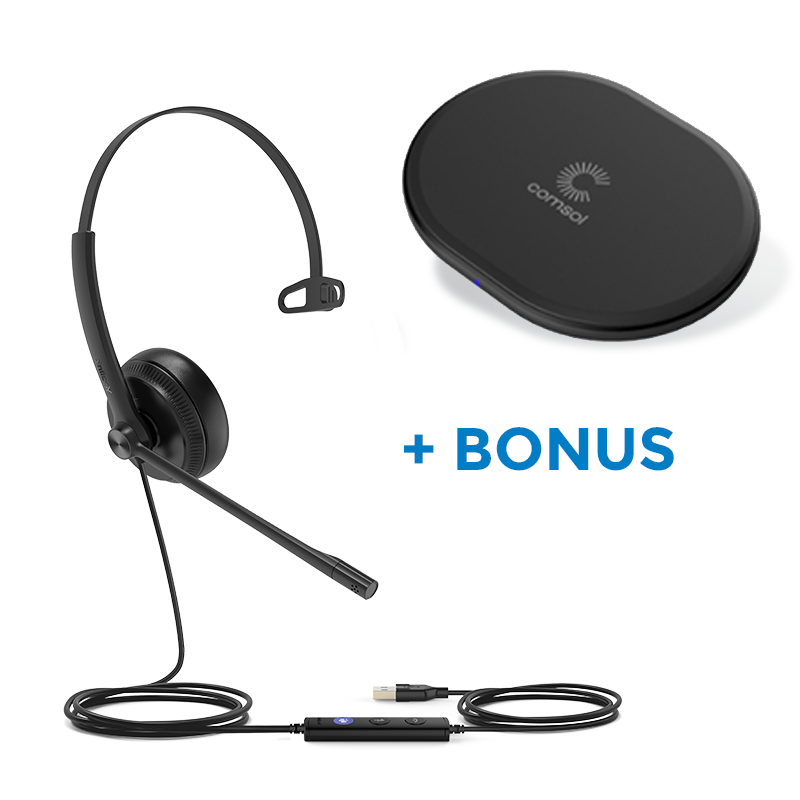 BONUS BLACK COMSOL QI CHARGER W/YEALINK (UH34) MS WIRED MONO HEADSET, USB-A