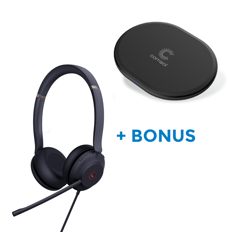 BONUS BLACK COMSOL QI CHARGER W/YEALINK (UH37) MS WIRED STEREO HEADSET, C-A ADAPTER