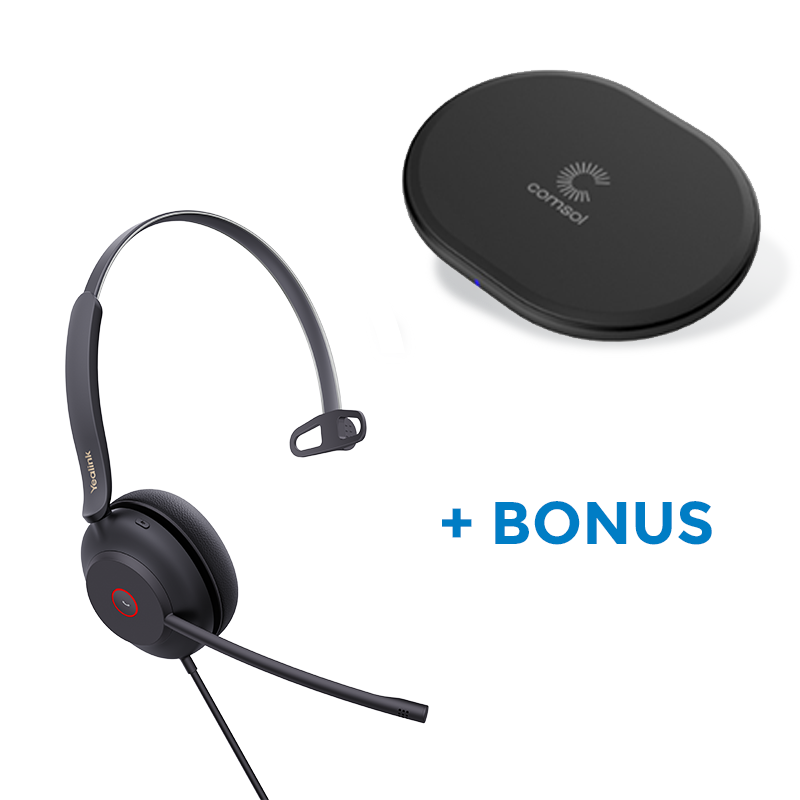 BONUS BLACK COMSOL QI CHARGER W/YEALINK (UH37) UC WIRED MONO HEADSET, C-A ADAPTER