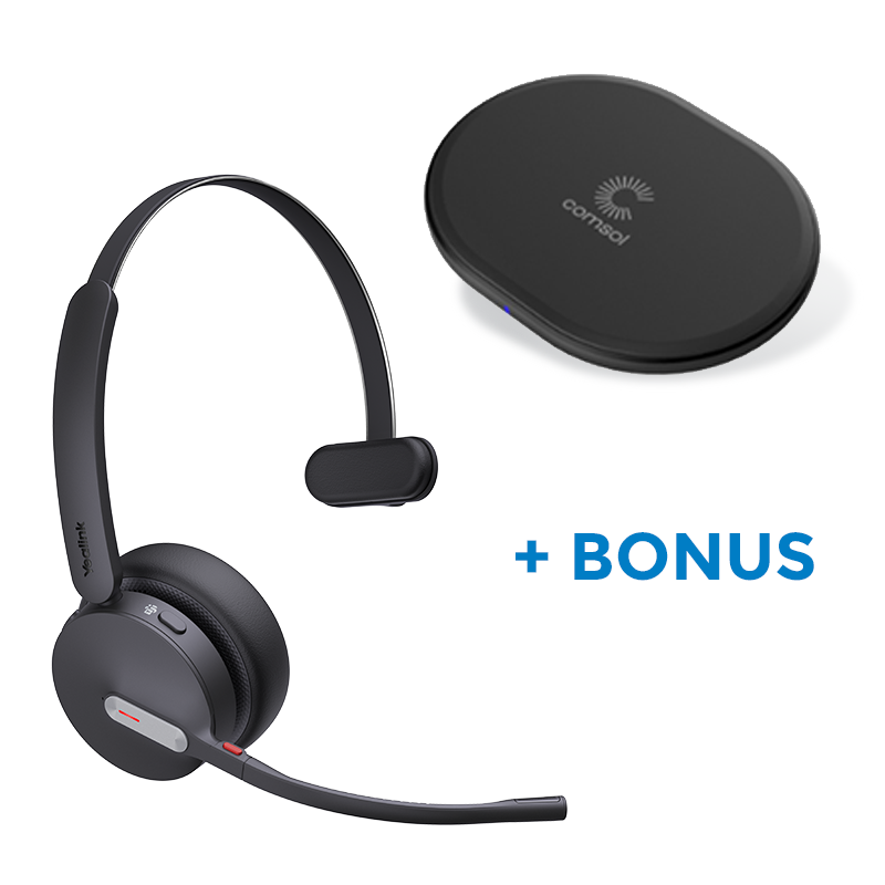 BONUS BLACK COMSOL QI CHARGER W/YEALINK (UH38) UC WIRED MONO BT HEADSET, NO BATTERY, USB-C