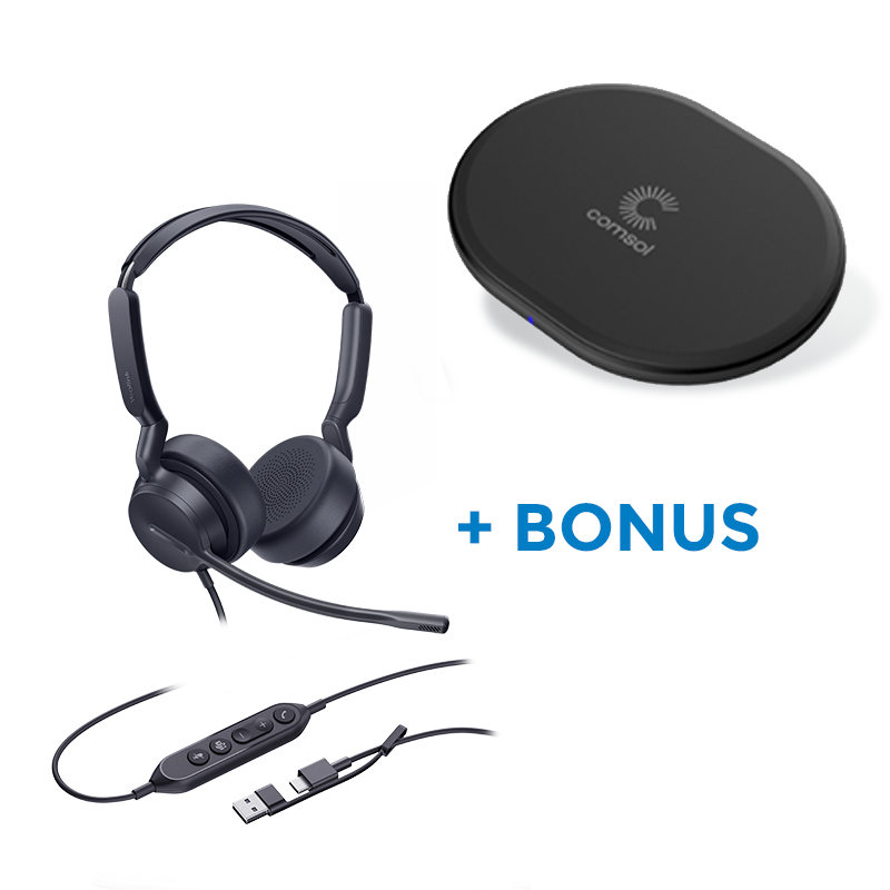 BONUS BLACK COMSOL QI CHARGER W/YEALINK (UH42) MS WIRED STEREO HEADSET, C-A ADAPTER