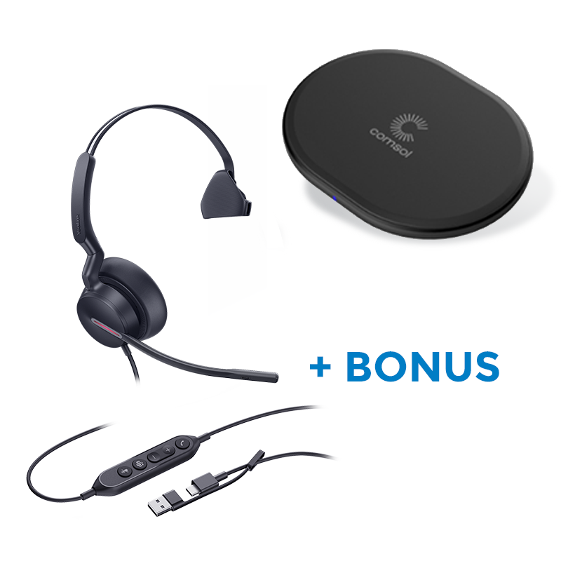 BONUS BLACK COMSOL QI CHARGER W/YEALINK (UH46) UC WIRED STEREO HEADSET, C-A ADAPTER