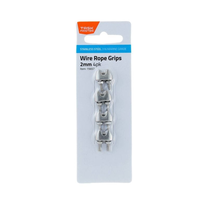 Taskmaster 2mm 316 Stainless Steel Wire Rope Grips - 4 Pack