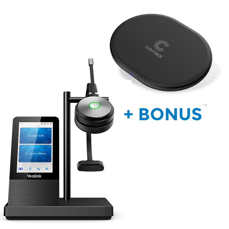 BONUS BLACK COMSOL QI CHARGER W/YEALINK (WH66) UC WIRELESS MONO DECT HEADSET WITH BASE